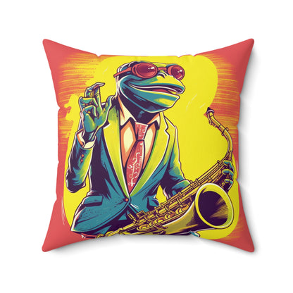 Frog Playing Saxophone Instrument Music Graphic Spun Polyester Square Pillow