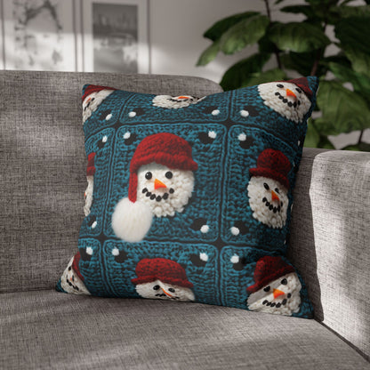 Snowman Crochet Craft, Festive Yuletide Cheer, Winter Wonderland - Spun Polyester Square Pillow Case