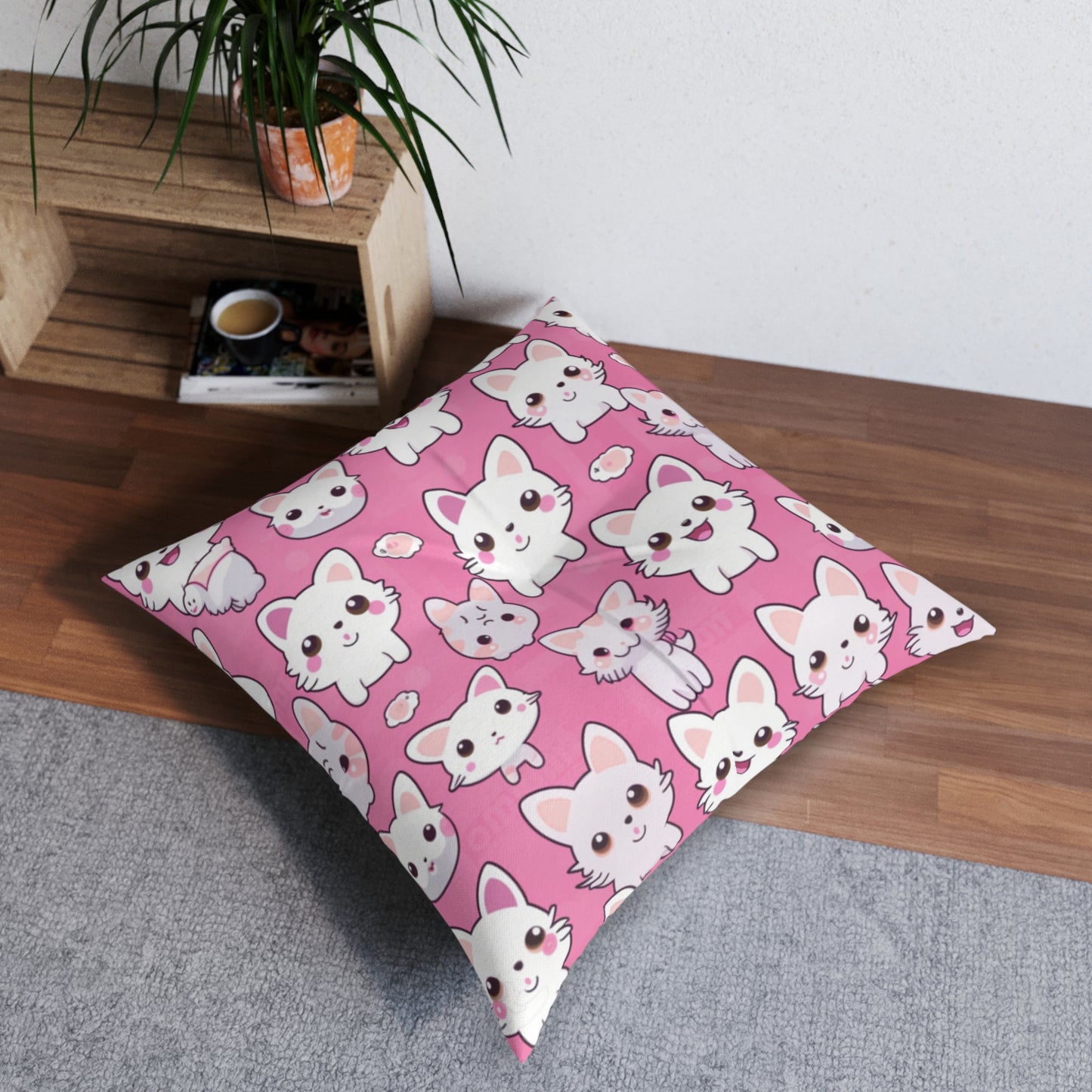 Adorable Cartoon-Style Anime Kitten, Cat, Kitty Pattern - Cute and Colorful - Tufted Floor Pillow, Square