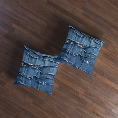 Midnight Blue Distressed Denim: Rugged, Torn & Stylish Design - Tufted Floor Pillow, Square