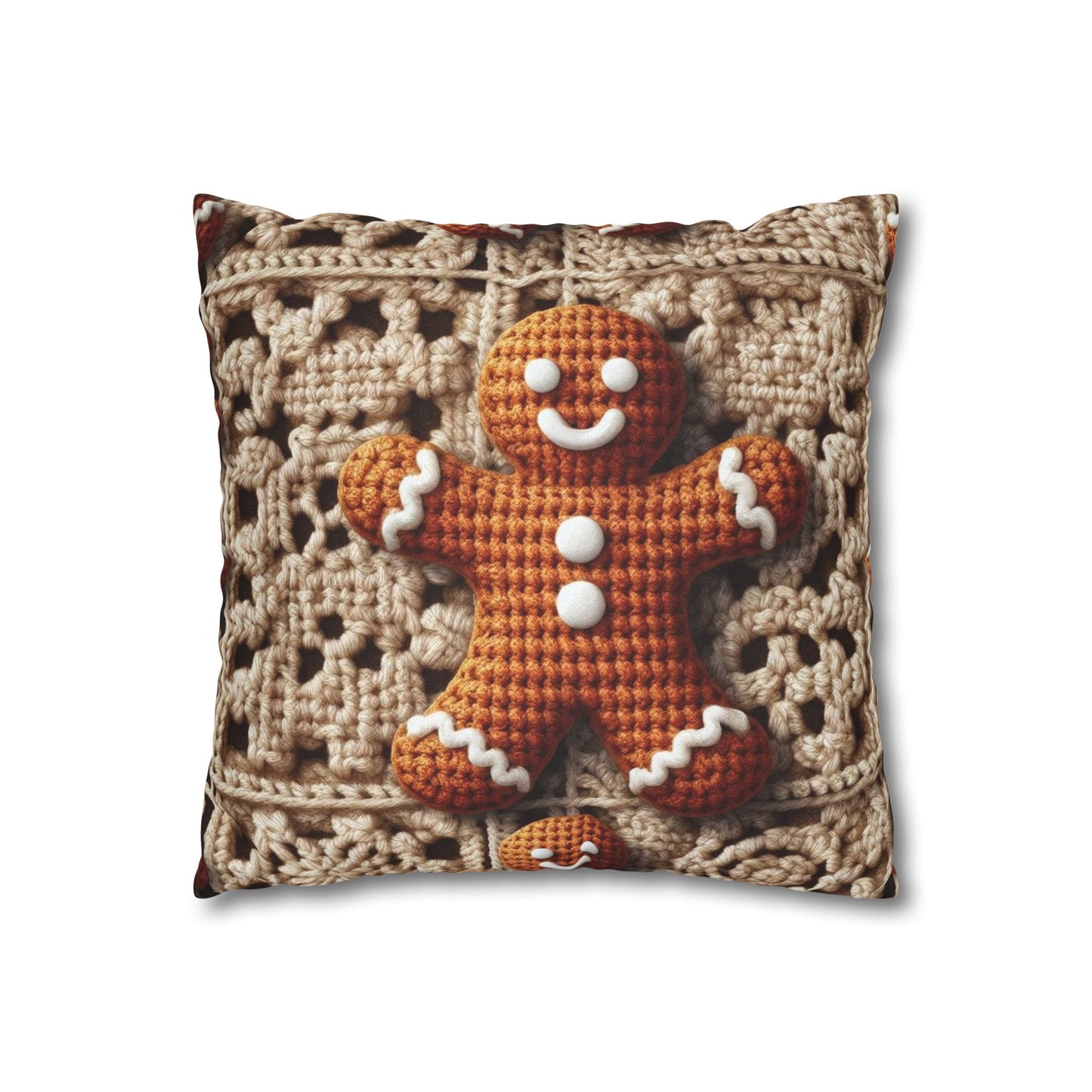 Rustic Gingerbread Delights: Christmas Crochet Gingerbread Men on Classic Beige Granny Squares - Spun Polyester Square Pillow Case