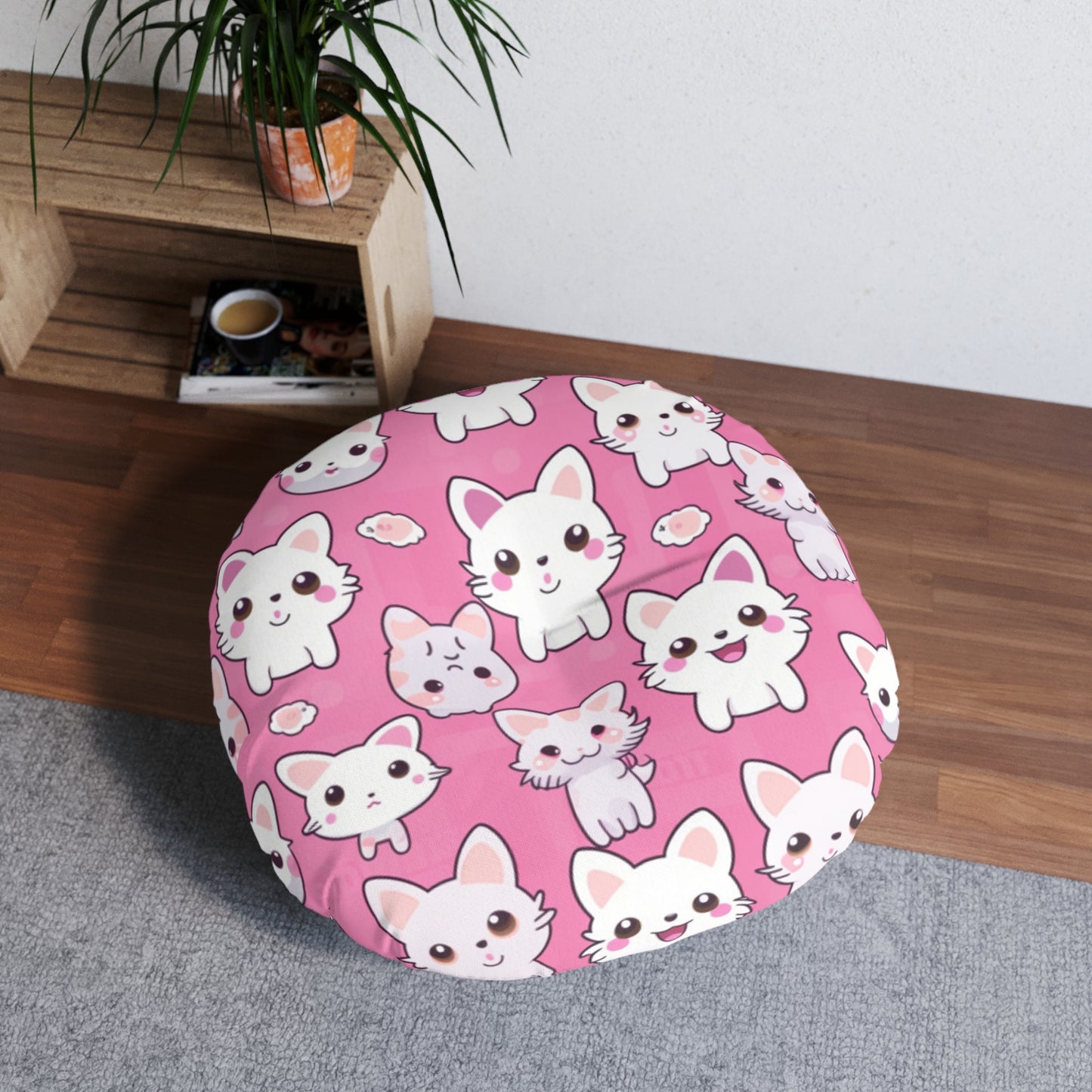 Adorable Cartoon-Style Anime Kitten, Cat, Kitty Pattern - Cute and Colorful - Tufted Floor Pillow, Round