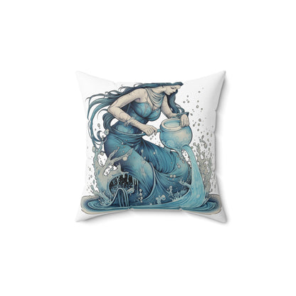 Aquarius Zodiac Symbol - Girl Pouring Water, Hand-Drawn Style - Spun Polyester Square Pillow