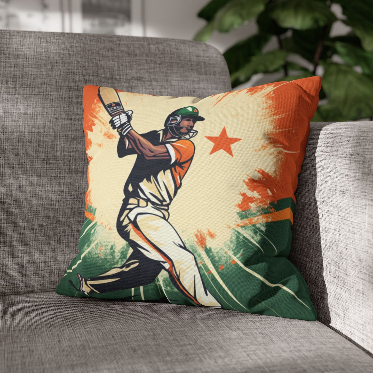 India Cricket Star: Batsman With Willow Bat, National Flag Style - Sport Game - Spun Polyester Square Pillow Case