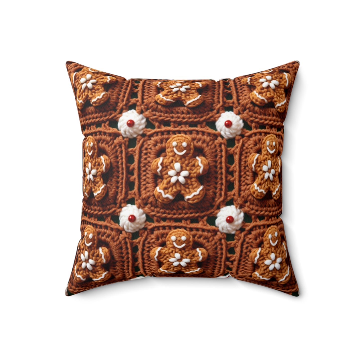 Gingerbread Man Crochet, Classic Christmas Cookie Design, Festive Yuletide Craft. Holiday Decor - Spun Polyester Square Pillow