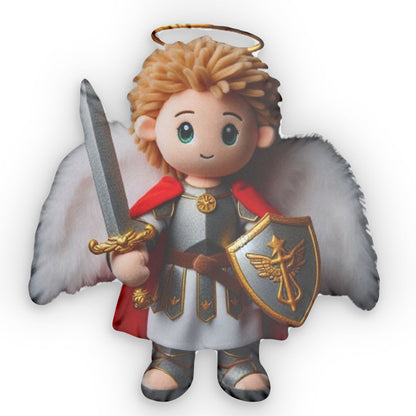 Saint Michael doll with blond hair, sword and shield, Plush Gift, Shaped Pillow