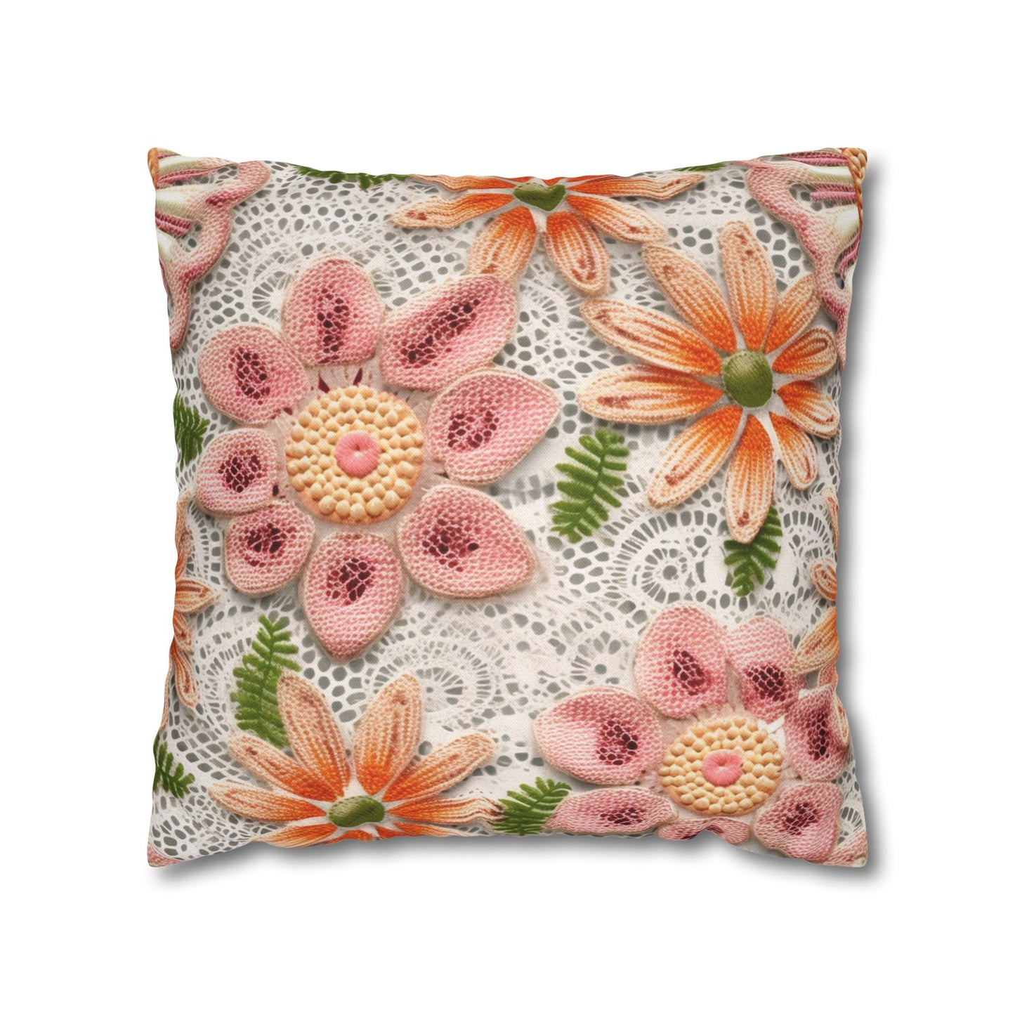 Floral Embroidered Eyelet: Delicate Flower Elegant Pattern - Spun Polyester Square Pillow Case