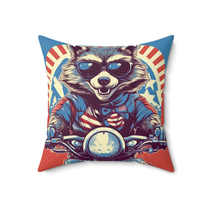 Raccoon Motorcycle Bike Rider Furry Animal Graphic Spun Polyester Square Pillow