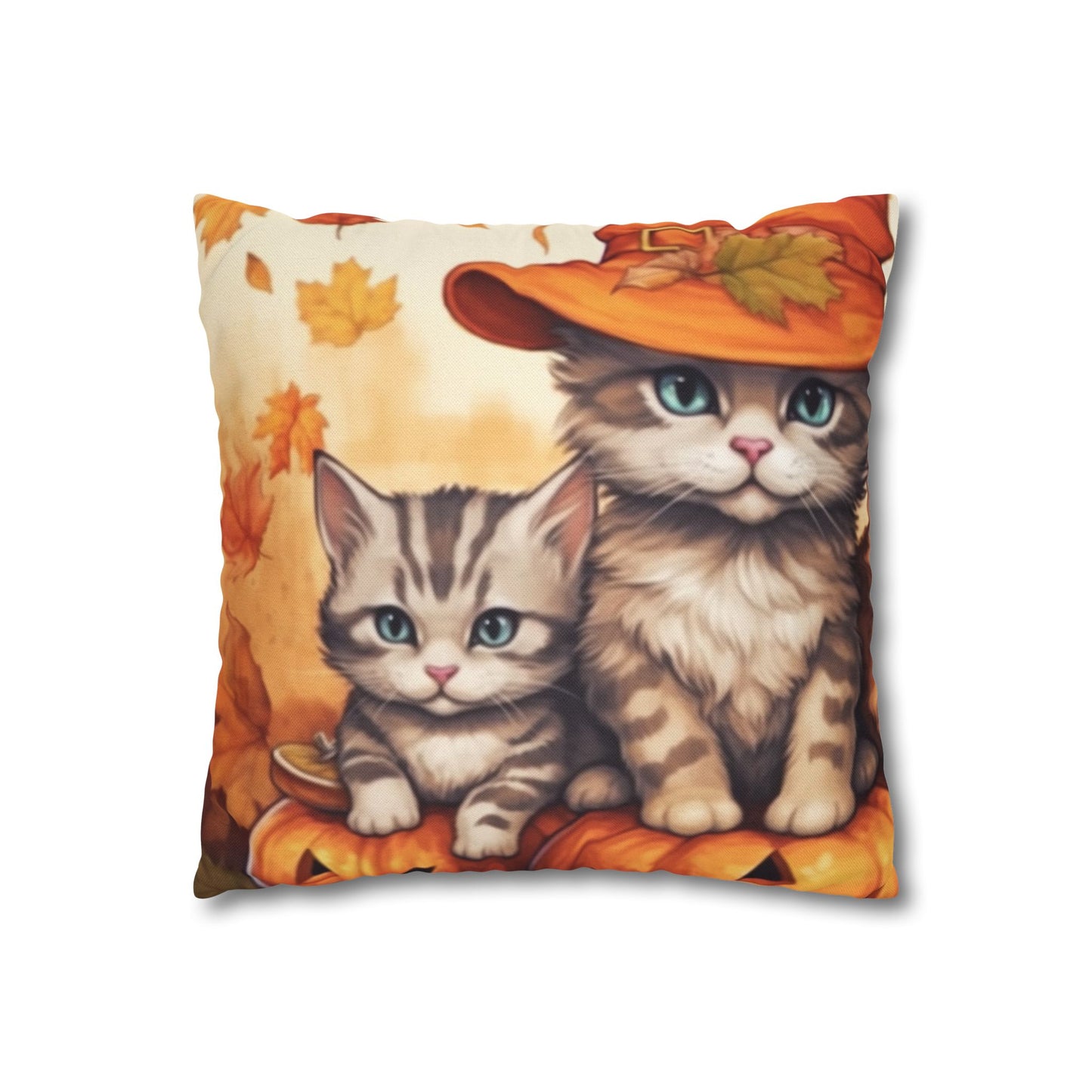 Kitty Cat Kittens Halloween - Cute Furries on Pumpkin - Festive Feline Decor - Spun Polyester Square Pillow Case