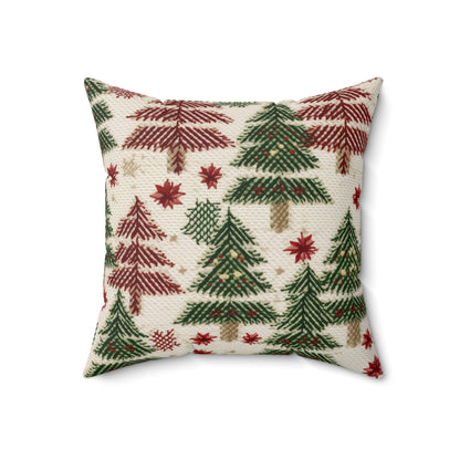 Embroidered Christmas Winter, Festive Holiday Stitching, Classic Seasonal Design - Spun Polyester Square Pillow