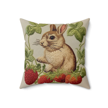 Strawberry Bunny Rabit - Embroidery Style - Strawberries Fruit Munchies - Easter Gift - Spun Polyester Square Pillow