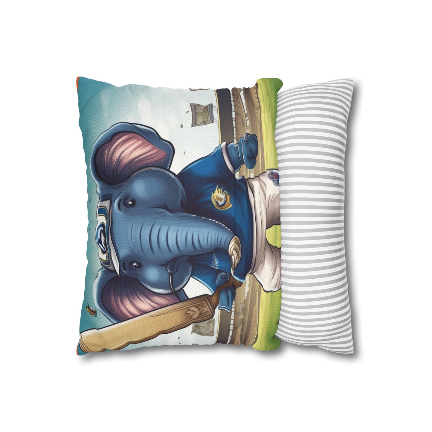 India Elephant Cricket Sport Star: Pitch, Run, Stump Game - Animated Charm - Spun Polyester Square Pillow Case