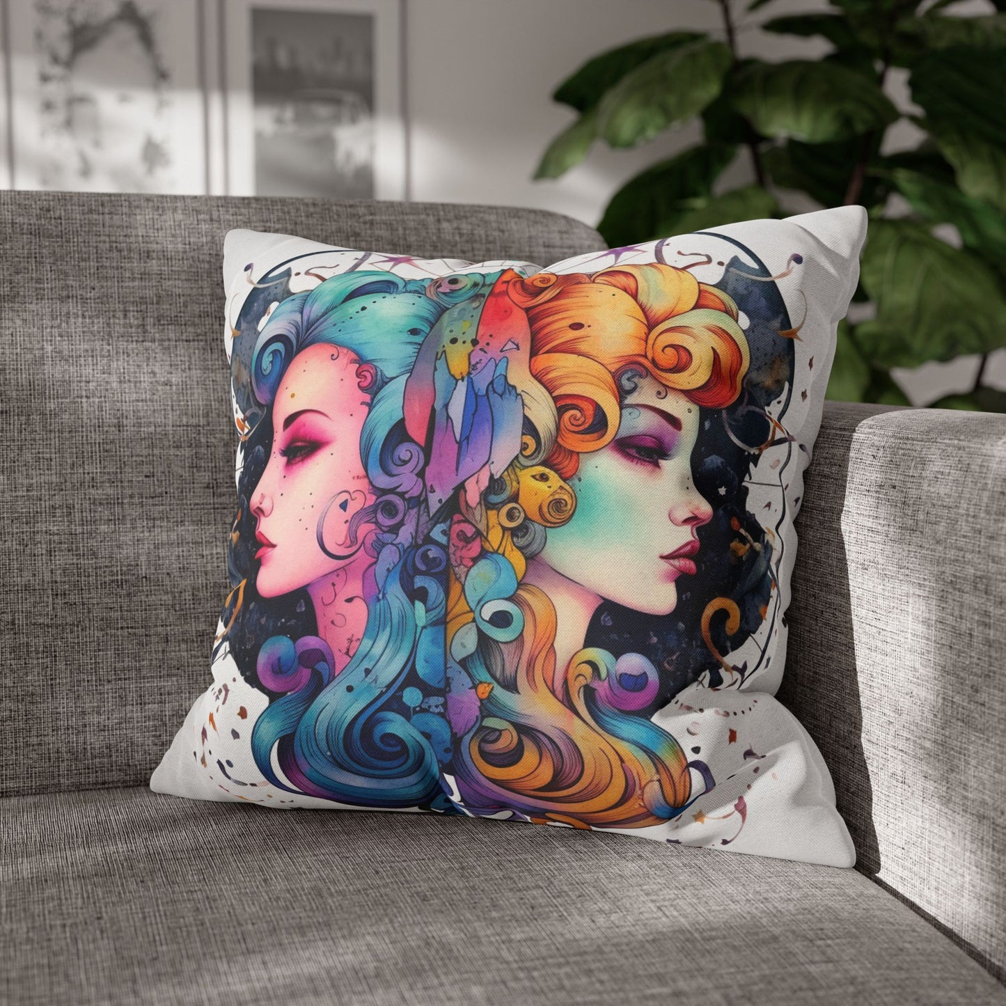 Graffiti Gemini Zodiac Sign - Astrology, Twins Symbol - Spun Polyester Square Pillow Case