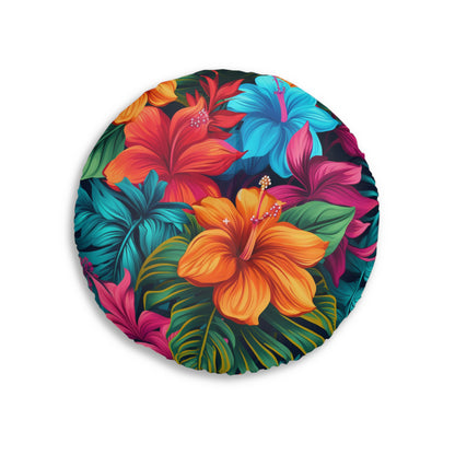 Hawaiian-Inspired Tropical Floral Pattern Design Tufted Floor Pillow, Round