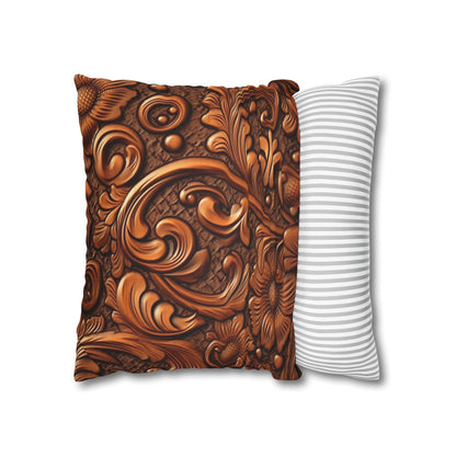 Leather Flower Cognac Classic Brown Timeless American Cowboy Design - Spun Polyester Square Pillow Case