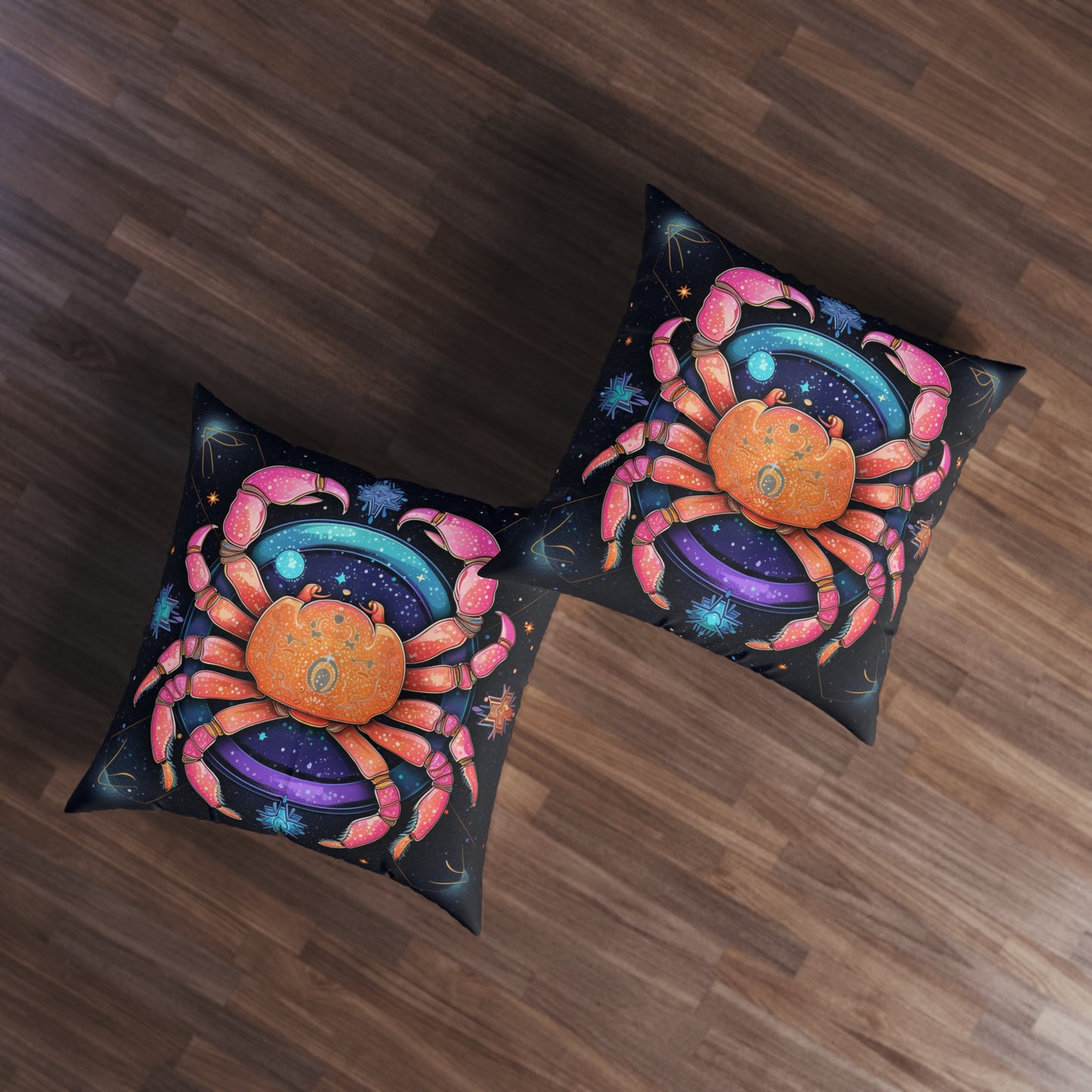 Rainbow Celestial Crab - Vibrant Cancer Zodiac Sign Art - Tufted Floor Pillow, Square