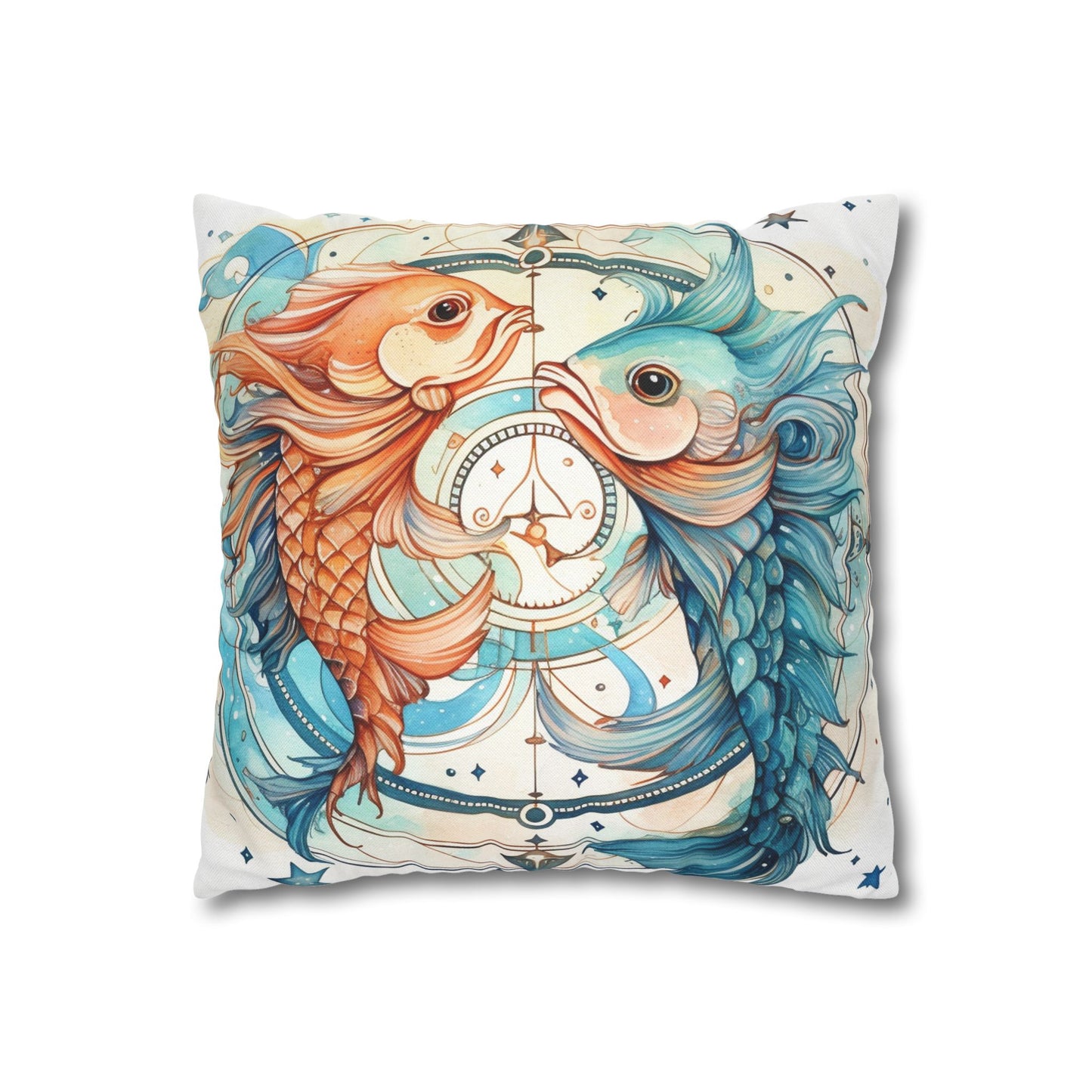 Pisces Zodiac Horoscope - Starry Watercolor & Ink, Hyper-Detailed Fish Spun Polyester Square Pillow Case