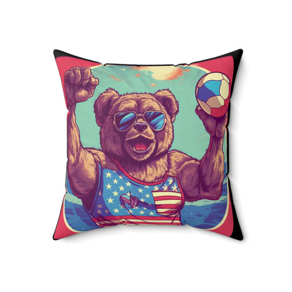 Volleyball Court Patriotism: 4th of July American Bear Athletic Spun Polyester Square Pillow