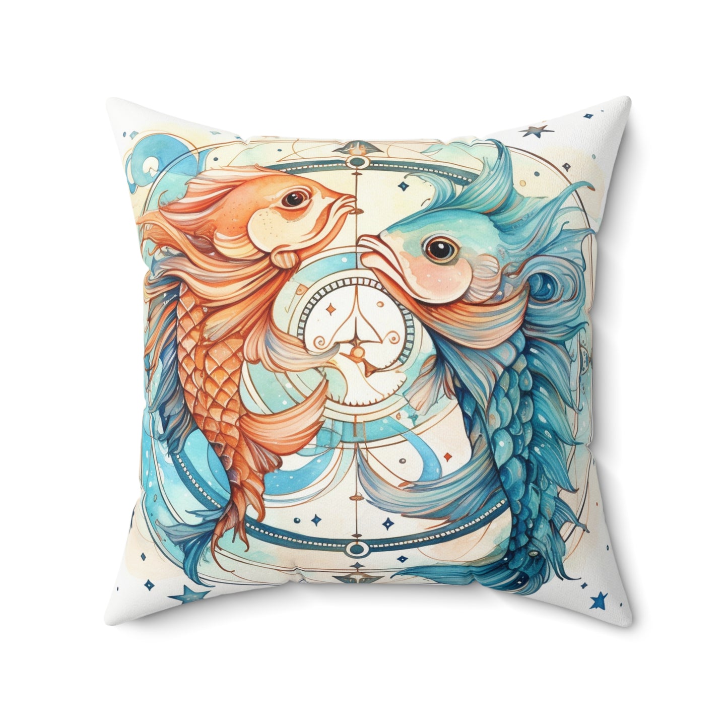 Pisces Zodiac Horoscope - Starry Watercolor & Ink, Hyper-Detailed Fish Spun Polyester Square Pillow