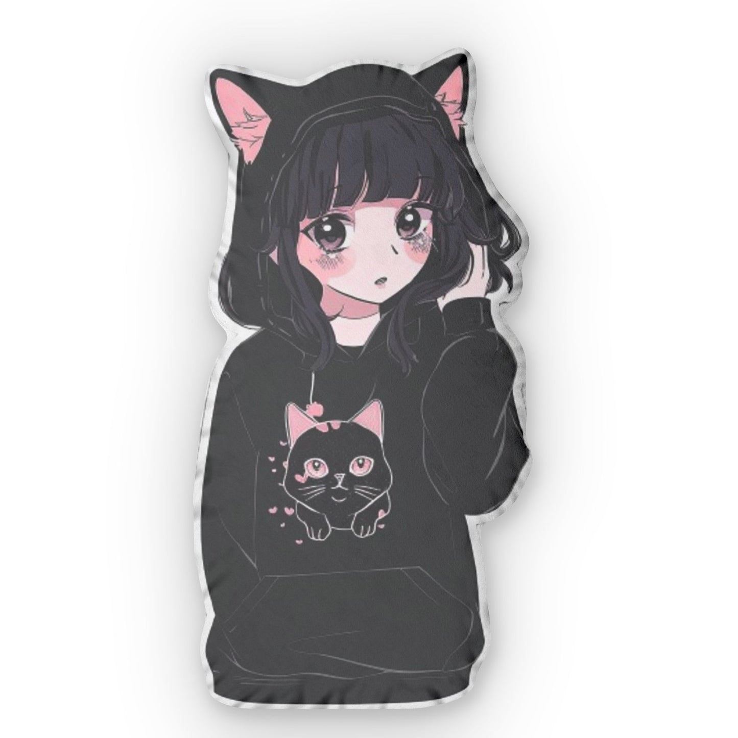 Gothic Cat Girl, Anime Black Cat Hoodie Design, Cute Manga Kitten, Dark Feline Fashion Illustration, Whimsical Cat Lover Art, Shaped Pillow