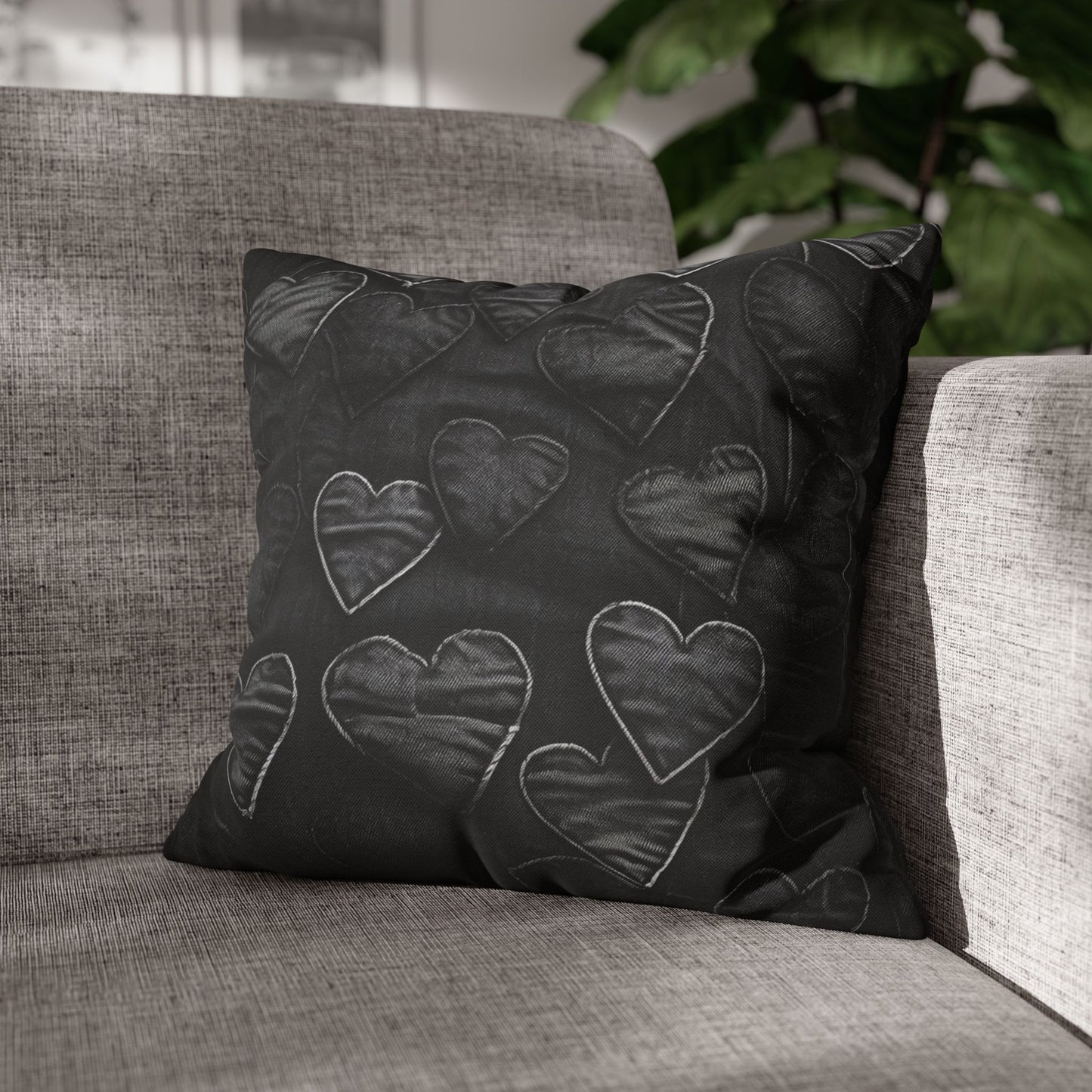 Black: Distressed Denim-Inspired Fabric Heart Embroidery Design - Spun Polyester Square Pillow Case