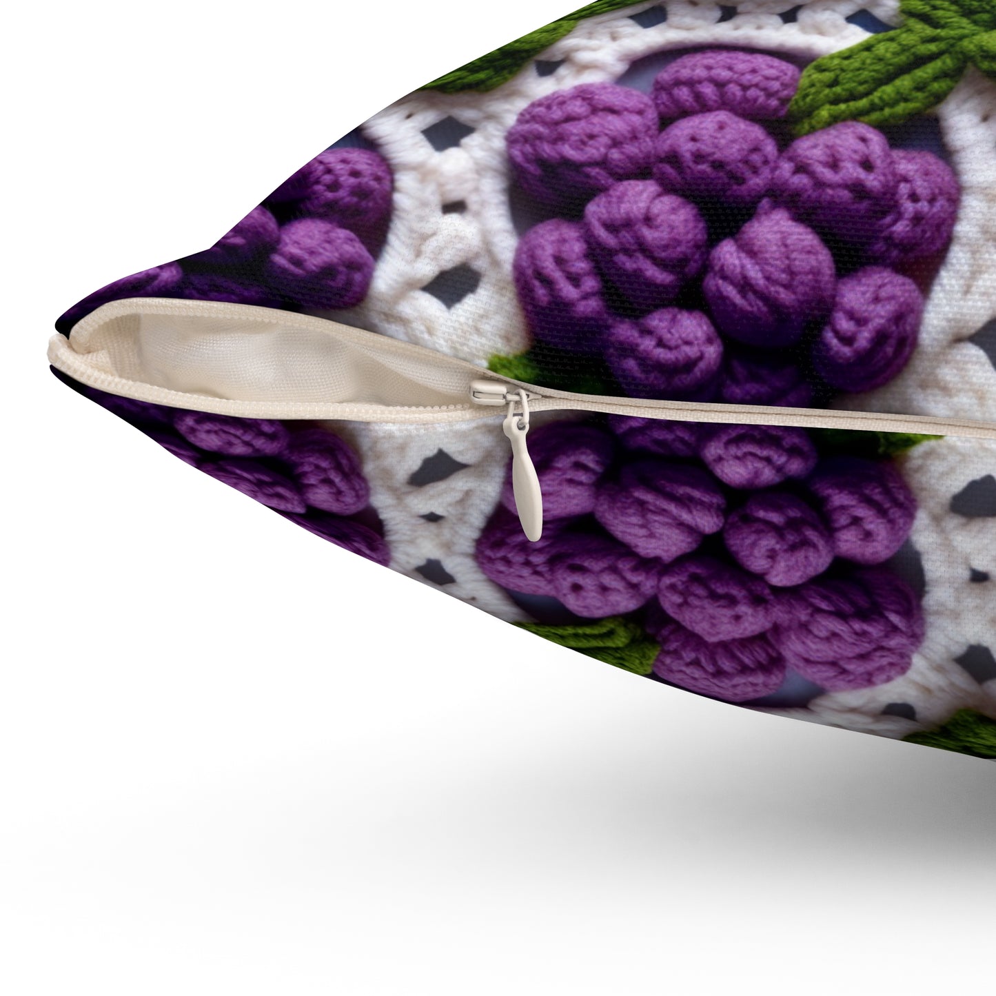 Crochet Grapes Pattern - Granny Square Design - Fresh Fruit Pick - Orchard Purple Snack Food - Spun Polyester Square Pillow