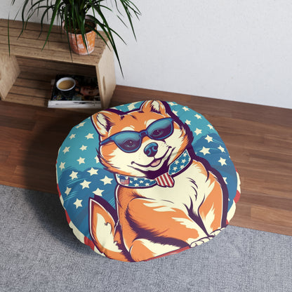 Patriotic Shiba Inu Retro Cartoon -Synthwave Summer Animation Tufted Floor Pillow, Round