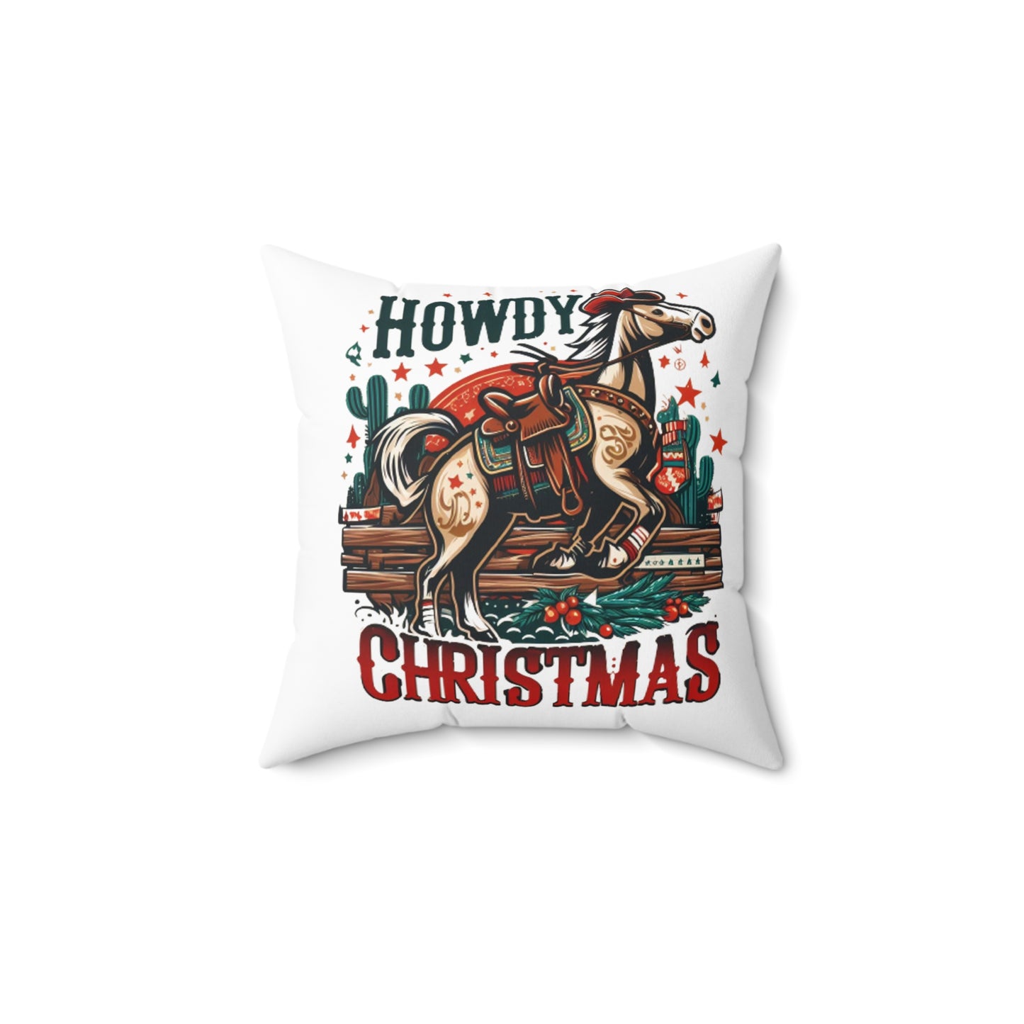 Old West Holiday Cheer - Cowboy Christmas with Festive Wreath and Star-Spangled Horse - Spun Polyester Square Pillow