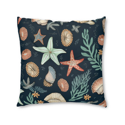 Seashells & Starfish Marine-Inspired Pattern Tufted Floor Pillow, Square