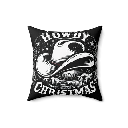 Western Howdy Christmas - Cowboy Hat Starry Winter Scene - Country Holiday Festive Graphic - Spun Polyester Square Pillow