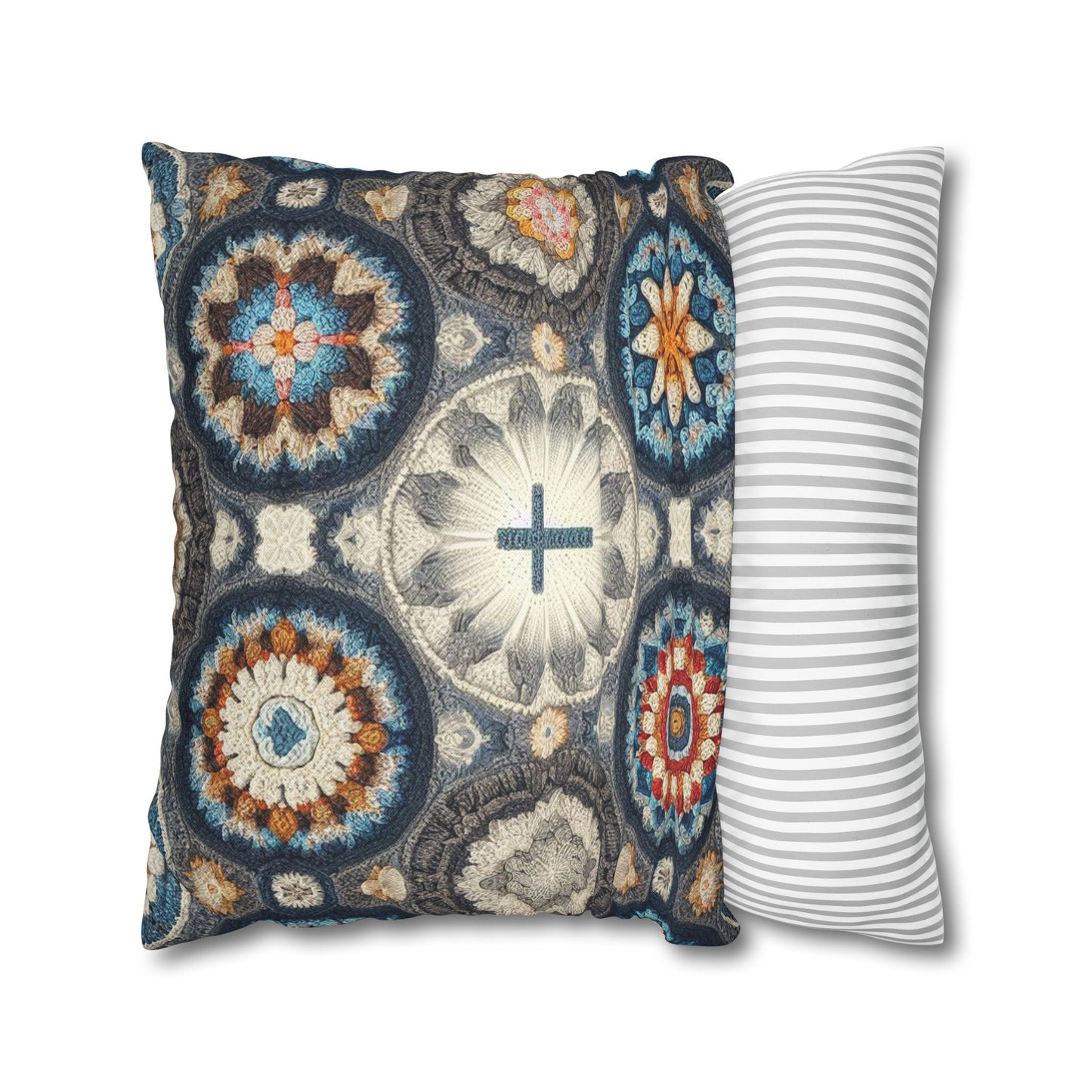 Bohemian Crochet Mandala with Centered Christian Cross - Earthy Tones Mosaic - Spun Polyester Square Pillow Case