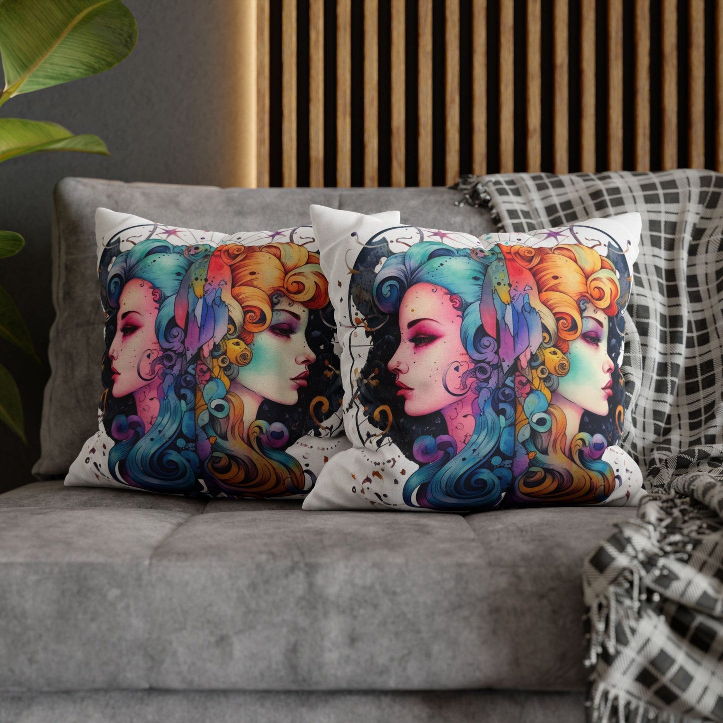 Graffiti Gemini Zodiac Sign - Astrology, Twins Symbol - Spun Polyester Square Pillow Case