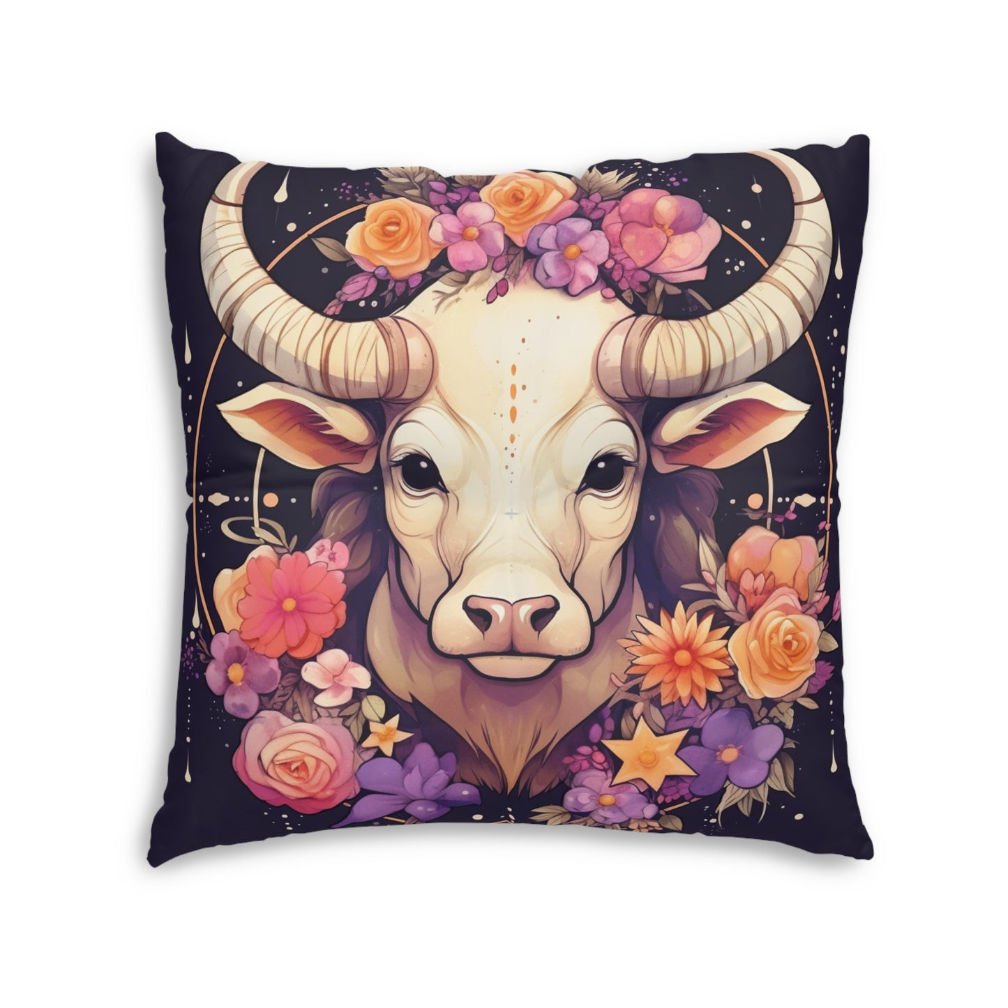 Taurus Zodiac Bull Flower Accents - Astrology Sign - Tufted Floor Pillow, Square