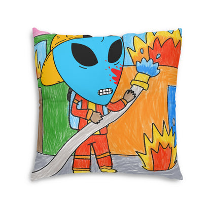 Fireman Fire Fighter Alien Blue Blood Visitor Hero Tufted Floor Pillow, Square