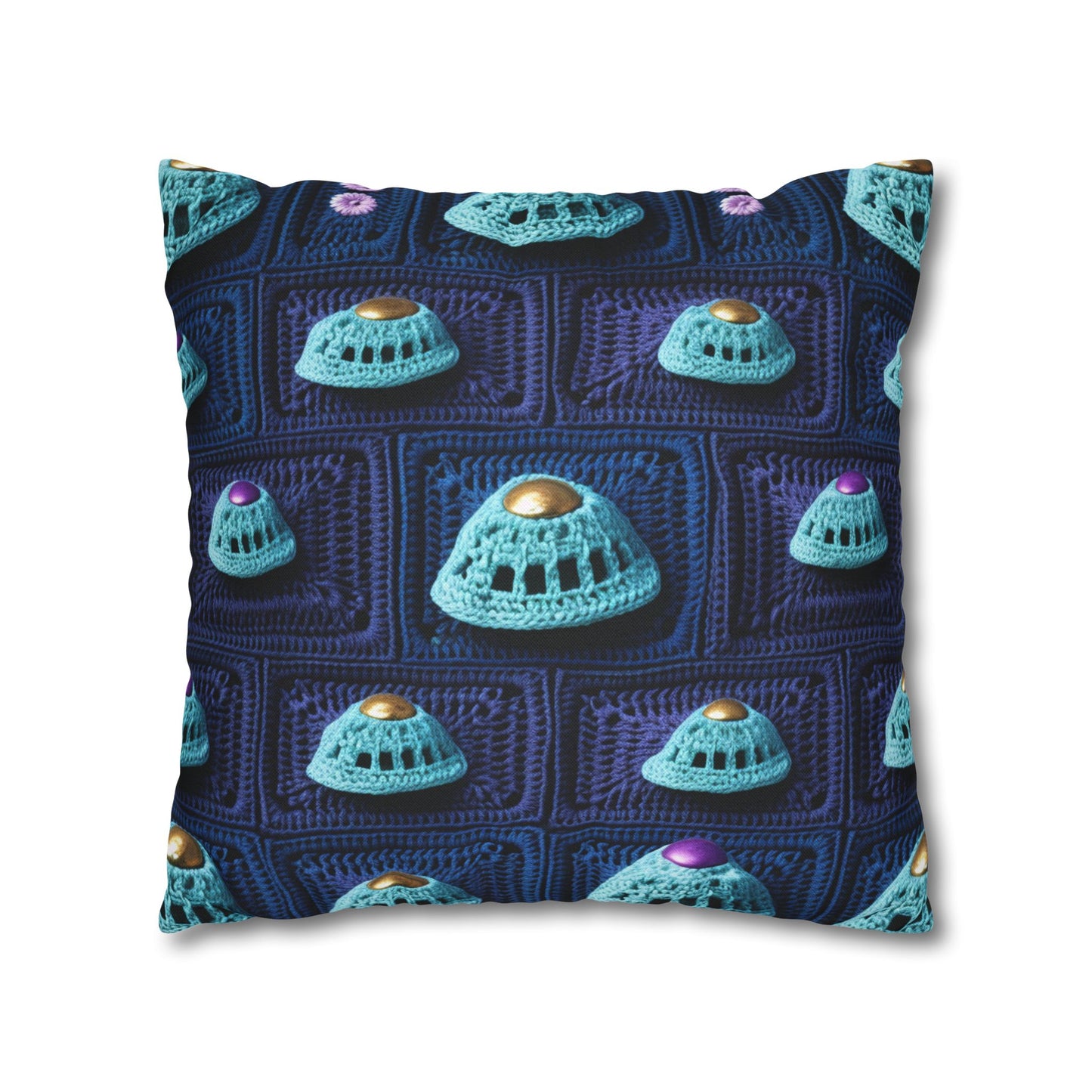 Spaceship UFO Crochet - Galactic Travel Ship - Alien Craft - Flying Saucer - Spun Polyester Square Pillow Case