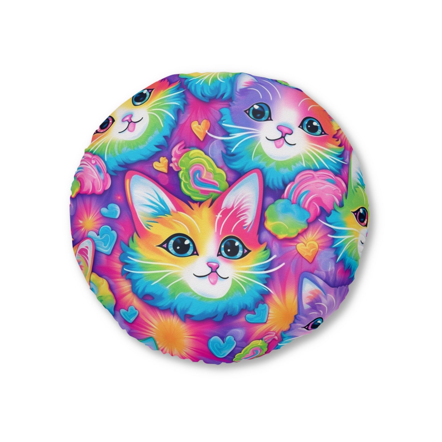 Happy Kitten & Cat Design - Vivid, Colorful & Eye-Catching - Tufted Floor Pillow, Round