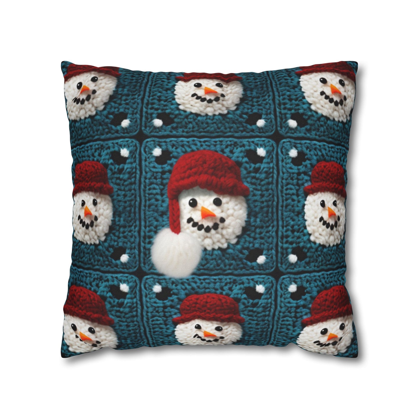 Snowman Crochet Craft, Festive Yuletide Cheer, Winter Wonderland - Spun Polyester Square Pillow Case