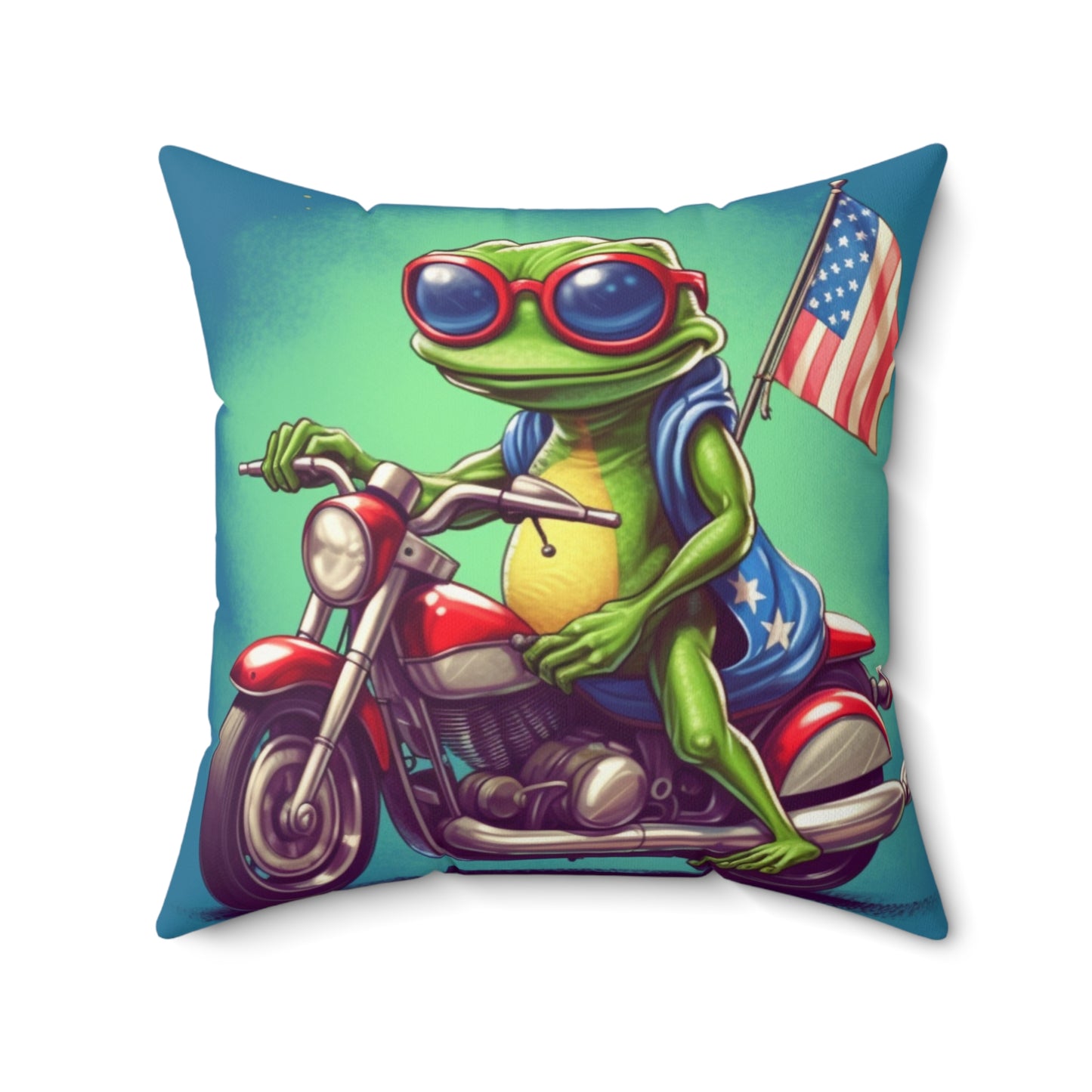 Frog Cartoon Anime USA Patriotic Motorcycle Rider Graphic Spun Polyester Square Pillow