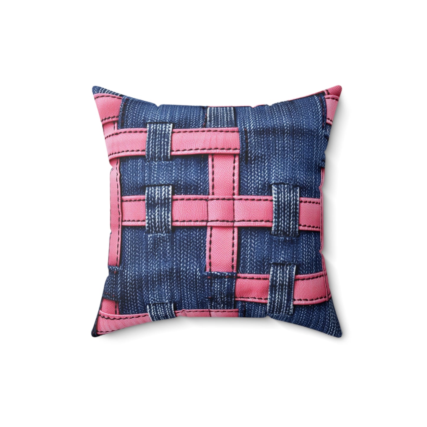 Candy-Striped Crossover: Pink Denim Ribbons Dancing on Blue Stage - Spun Polyester Square Pillow