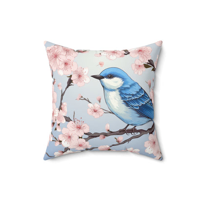 Cherry Blossom Tree Blue Bird Spun Polyester Square Pillow