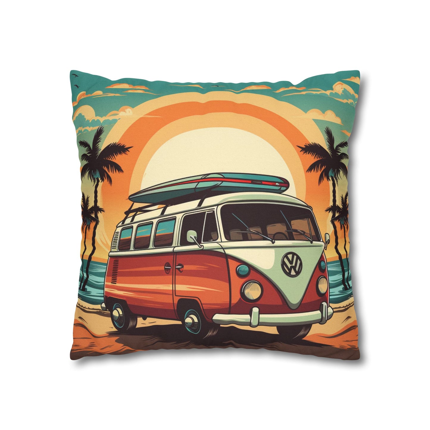 Retro Beach Camper Van - Sunset Surfboard Scene Spun Polyester Square Pillow Case