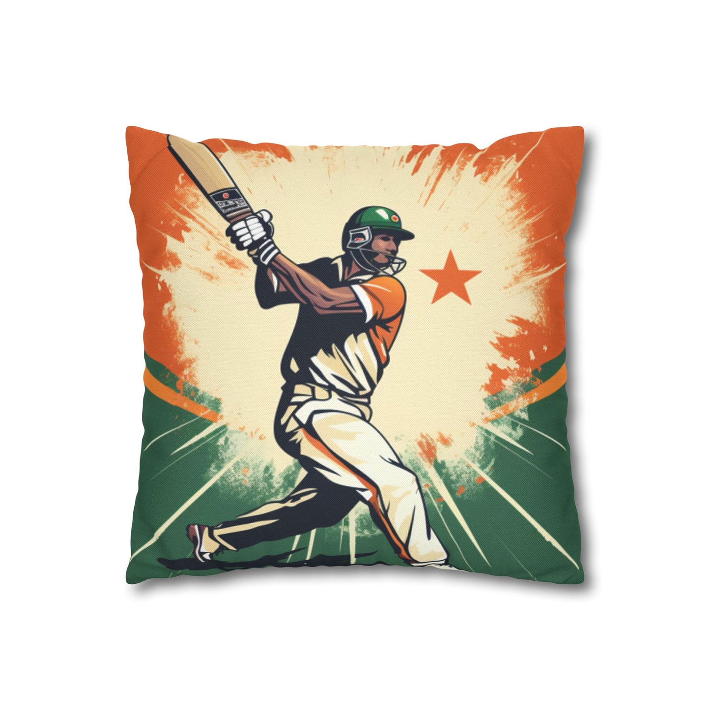 India Cricket Star: Batsman With Willow Bat, National Flag Style - Sport Game - Spun Polyester Square Pillow Case