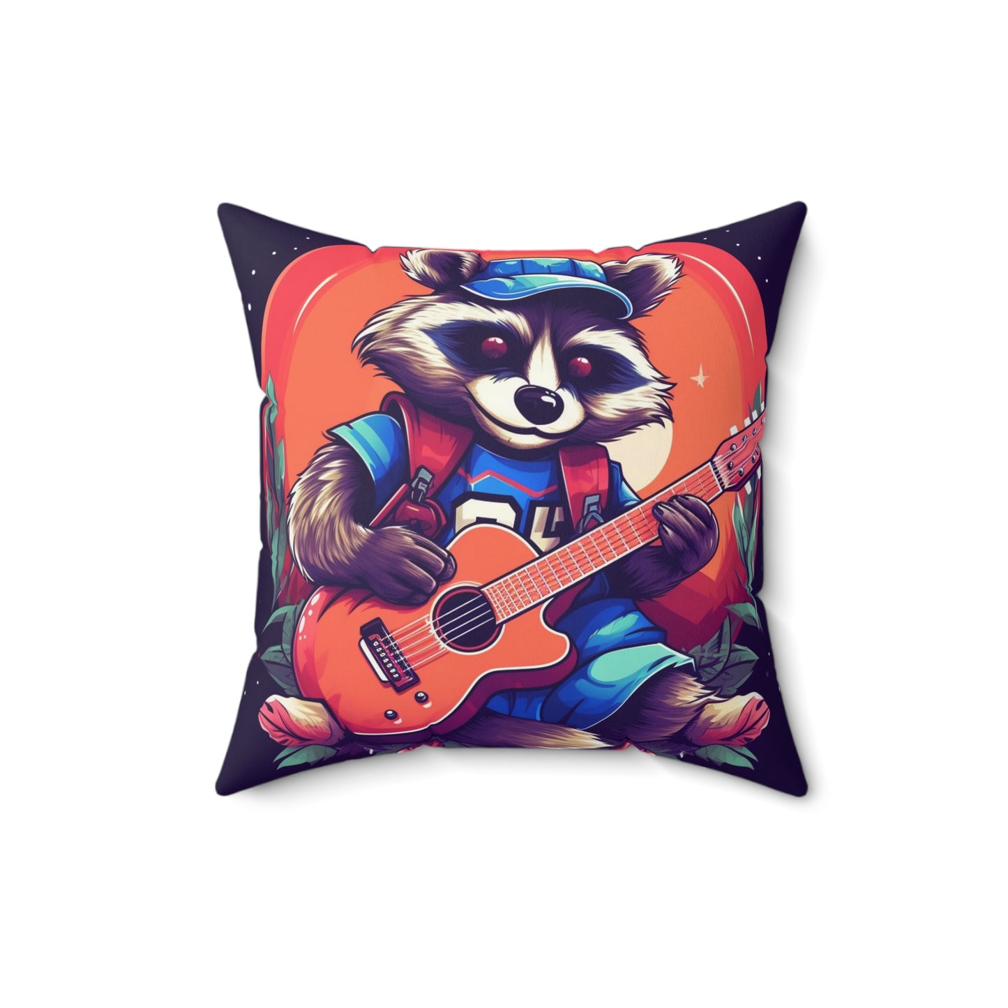 Acoustic Guitar Raccoon - Furry Animal Musician Decor Spun Polyester Square Pillow