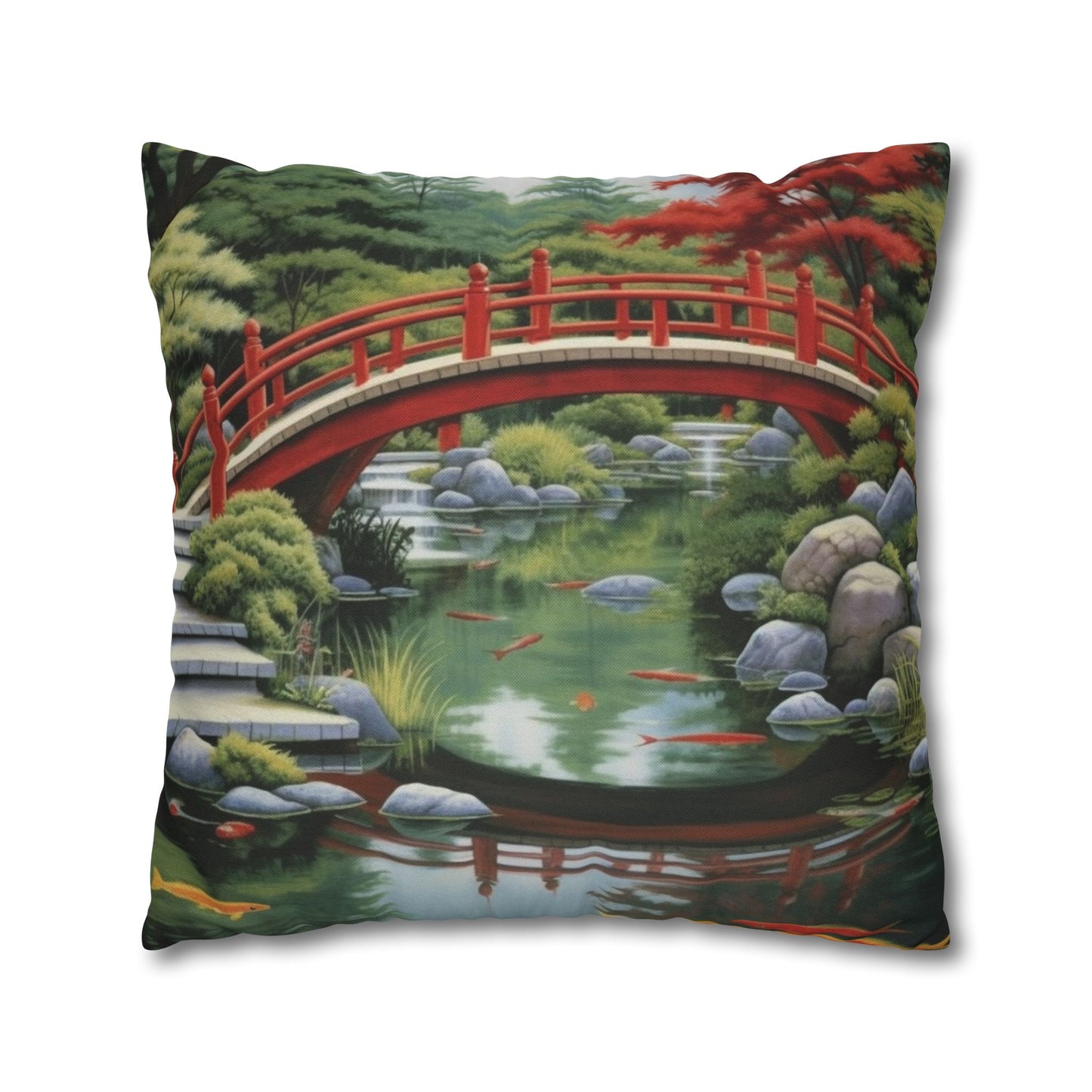 Japanese Garden Art - Tranquil Koi Pond Red Bridge Spun Polyester Square Pillow Case