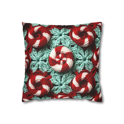 Christmas Crochet Candy Cane - Pepper Red Crystal White Holiday Pattern - Spun Polyester Square Pillow Case