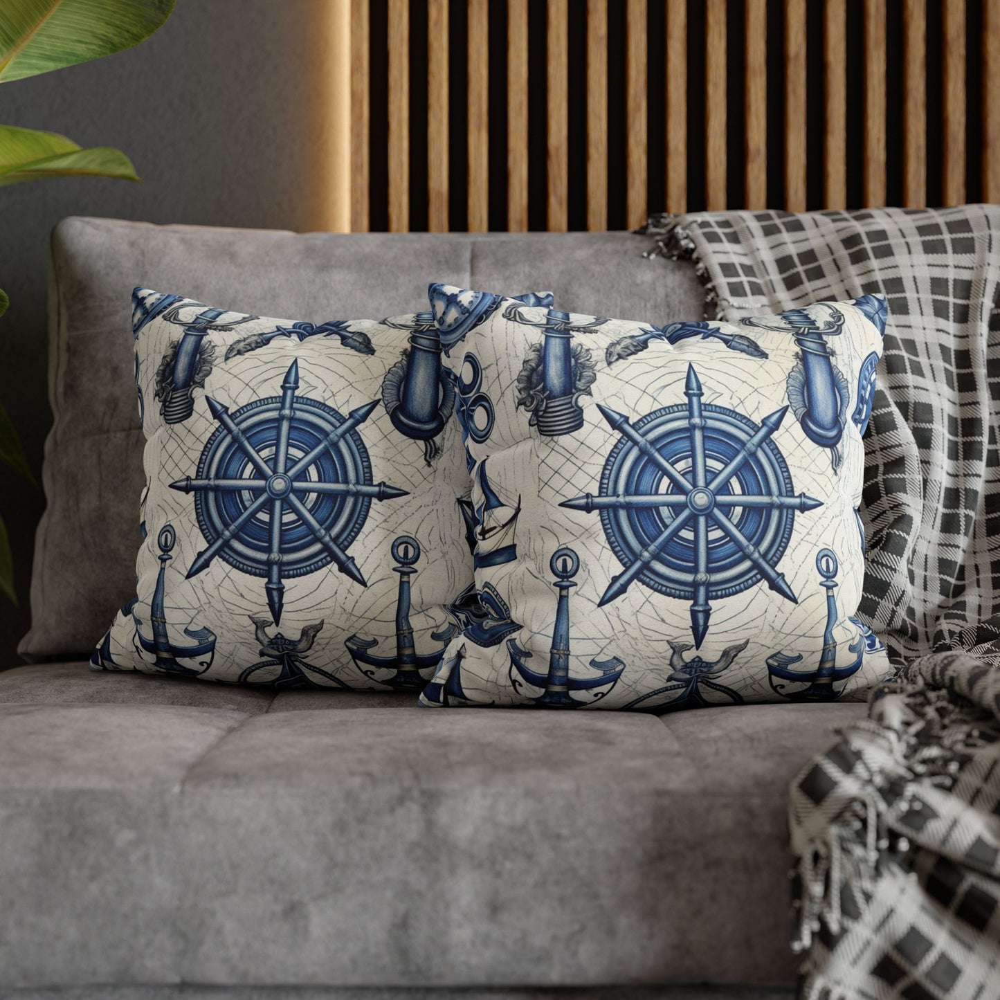 Nautical Theme Art - Anchors, Ropes, Compass Spun Polyester Square Pillow Case