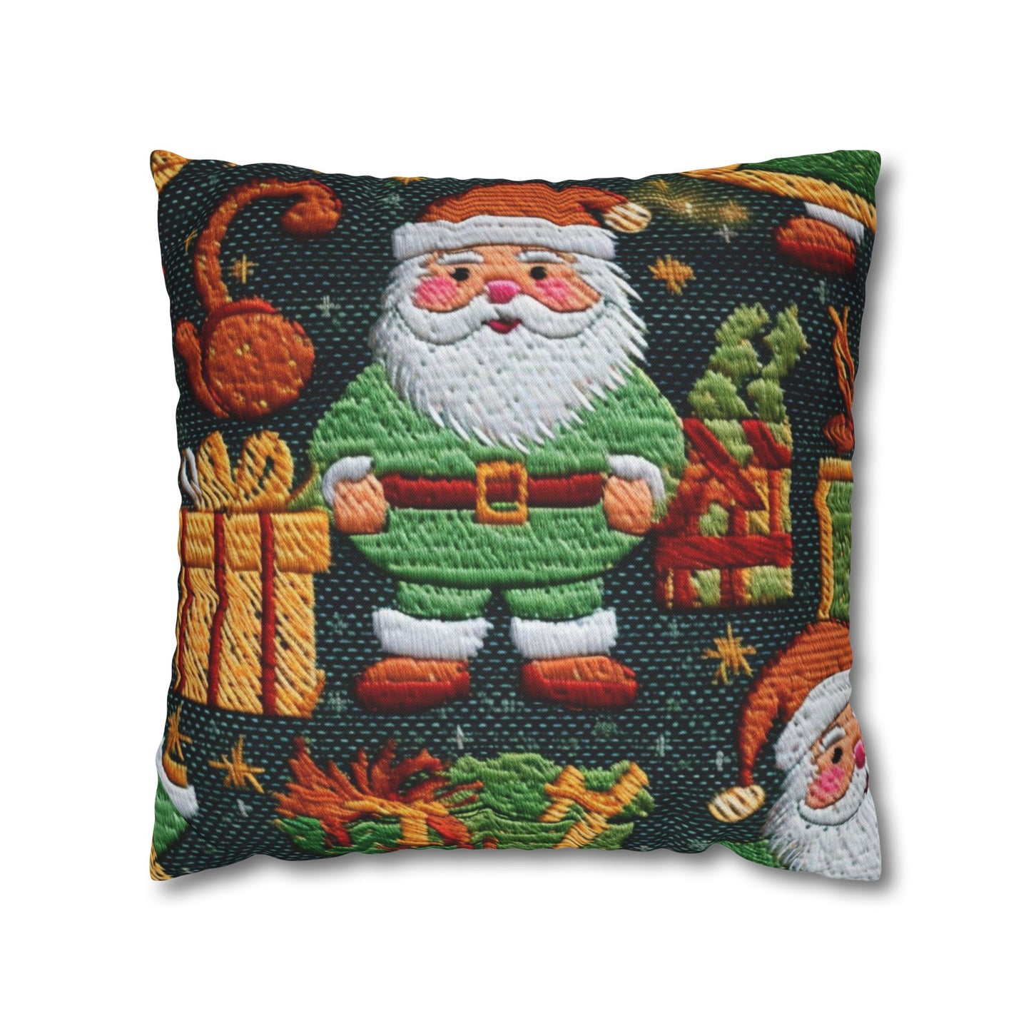 Christmas Santa Claus - Embroidered Presents - Festive Winter Wonderland - Deck the Halls Design - Spun Polyester Square Pillow Case