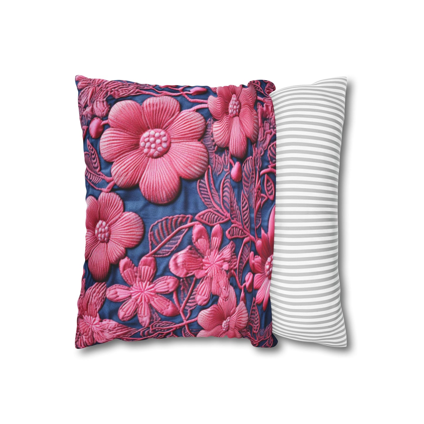 Denim Blue Doll Pink Floral Embroidery Style Fabric Flowers - Spun Polyester Square Pillow Case