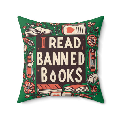 I Read Banned Books - Timeless Floral Bookshelf Illustration - Spun Polyester Square Pillow