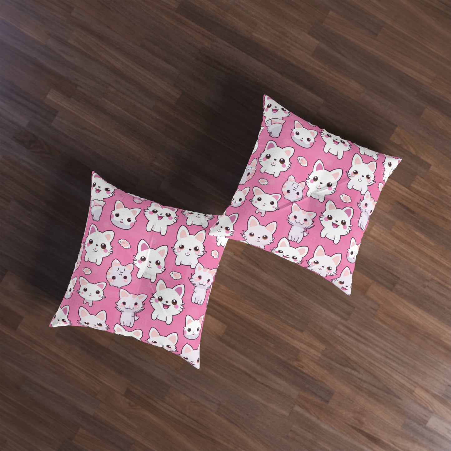 Adorable Cartoon-Style Anime Kitten, Cat, Kitty Pattern - Cute and Colorful - Tufted Floor Pillow, Square